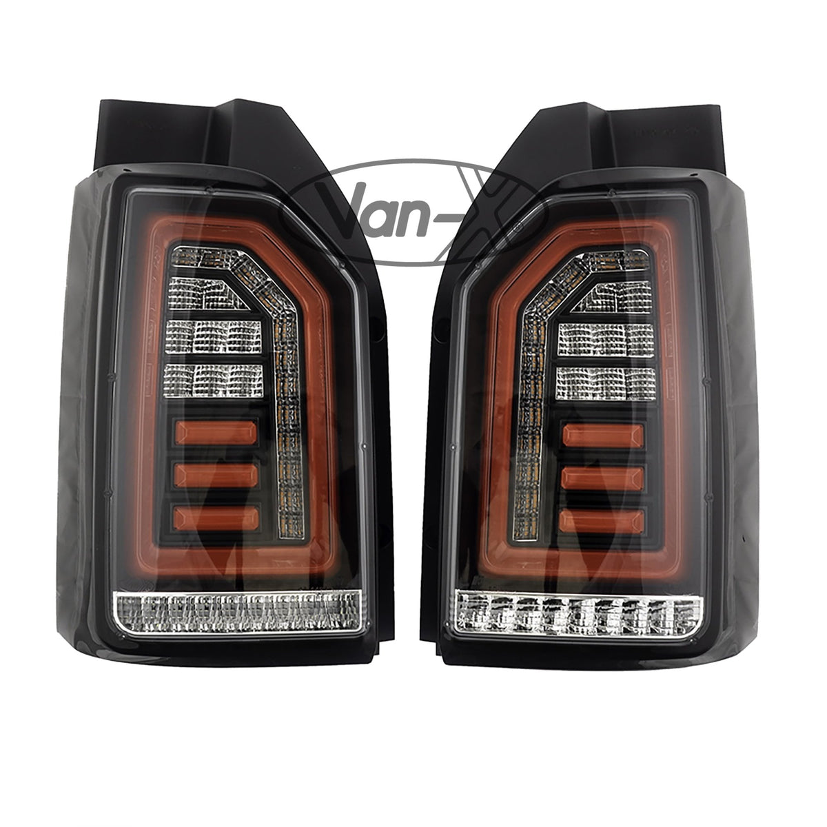 For VW T6 Transporter 2015–2020 Tailgate LED Rear Lights Clear Lens Full LED Light Upgrade – Van-X